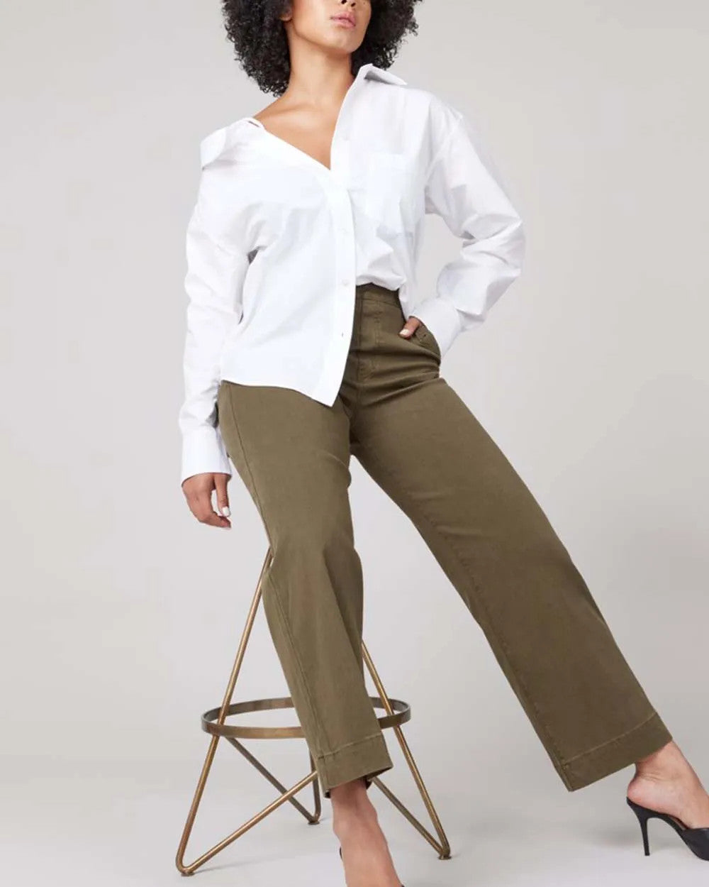 Tummy Control Twill Cropped Wide Leg Pant
