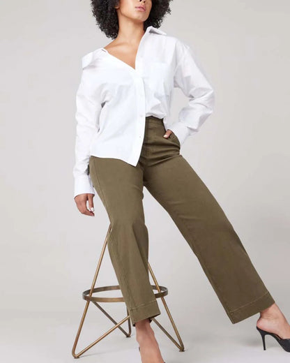 Tummy Control Twill Cropped Wide Leg Pant